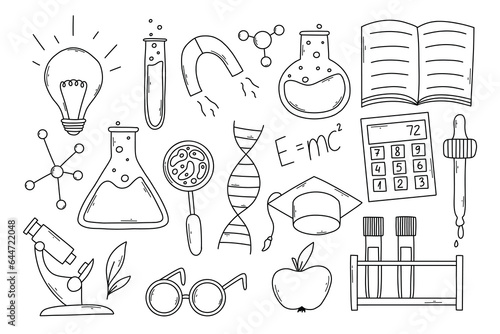 Set of science elements in doodle style. Linear collection of scientific elements test tube, beaker, magnifier, microscope, pipette. Vector illustration.