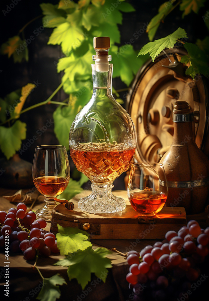 Decanter with cognac or brandy and glasses. Fresh grapes and oak barrel. On a dark background.