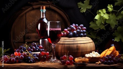 Wine barrel with glasses, fresh grapes. Winemaking craft. Close-up, side view. On a dark background.