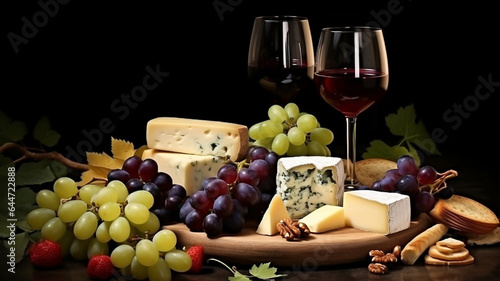 A set of different cheeses and wine in glasses. Close-up, side view. On a dark background.