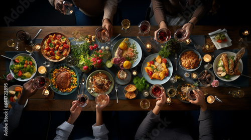 Table with food. Festive lunch or dinner. Food and drinks are laid out on the table. On a dark background.