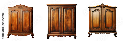 Antique Italian wooden cupboard and vanity table isolated on a transparent background with clipping path