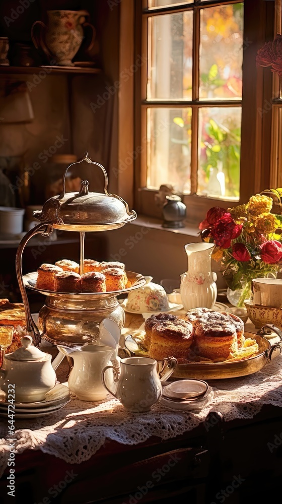 Naklejka premium Rustic Elegance: Vintage Teapots and Fresh Pastries in a Cozy Country Kitchen. Generative AI 7