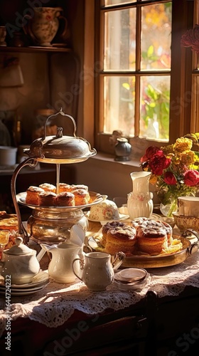 Rustic Elegance: Vintage Teapots and Fresh Pastries in a Cozy Country Kitchen. Generative AI 7
