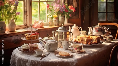Rustic Elegance: Vintage Teapots and Fresh Pastries in a Cozy Country Kitchen. Generative AI 1