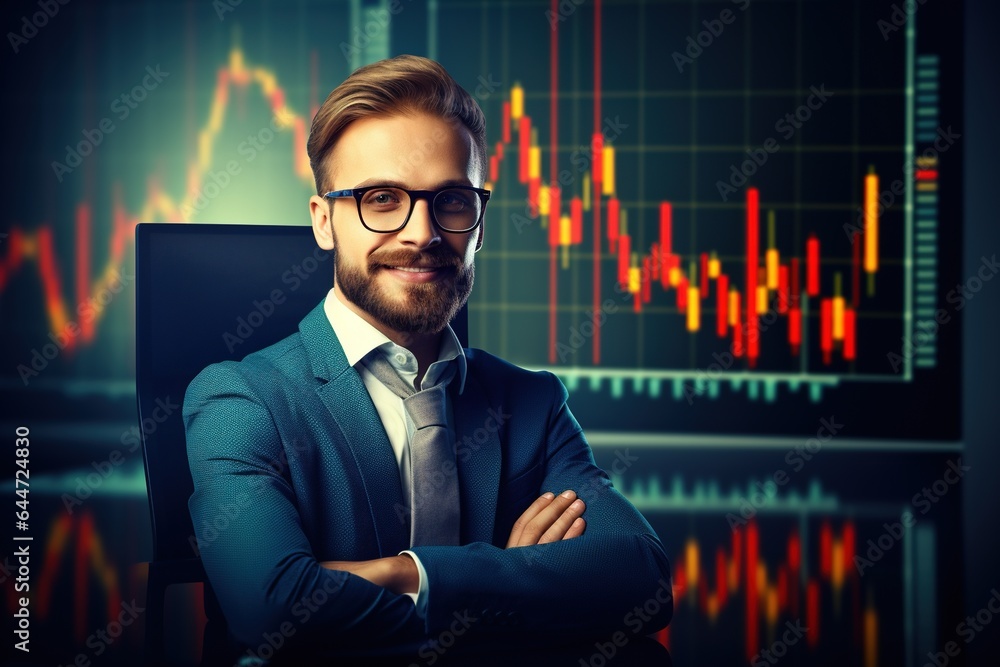 Portrait of a handsome young businessman in suit and glasses sitting at the table with crossed arms and looking at camera. Stock market chart on the background.Generative Ai Portrait of a handsome young businessman in suit and glasses sitting at the table with crossed arms and looking at camera. Stock market chart on the background.Generative Ai