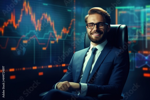 Portrait of a handsome young businessman in suit and glasses sitting at the table with crossed arms and looking at camera. Stock market chart on the background.Generative Ai