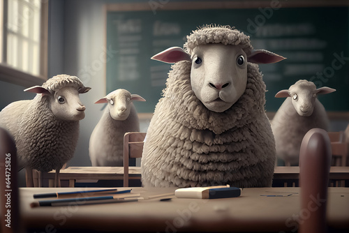 Fényképezés illustration of sheep sit at school in the classroom stupid students
