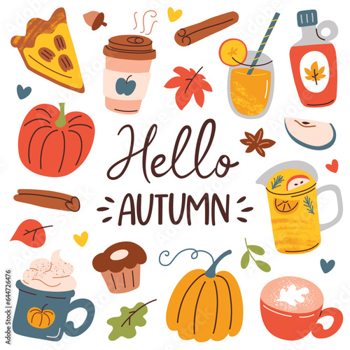 Hello autumn collection, hand drawn set of coffee, pumpkins, foliage, doodle icons of fall symbols, vector illustrations of maple syrup and cinnamon, lettering for fall season, cozy holidays