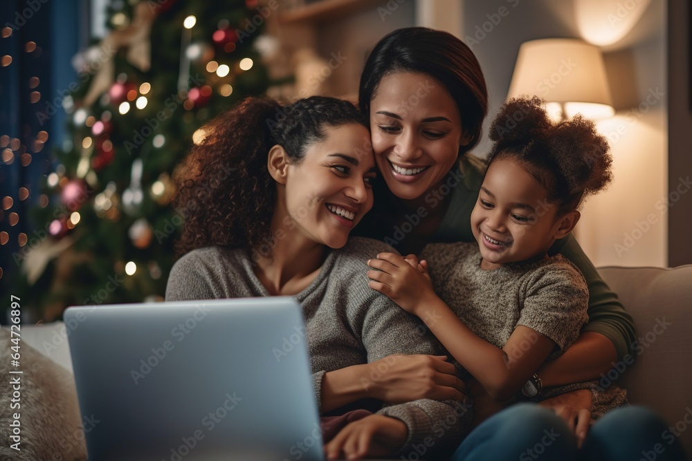 lesbian gay couple family with a child smiling in the living room having a good time the three together sitting on the couch sofa, kid with two fathers making a family video call at christmas