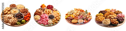 Various hard snacks arranged on a transparent background