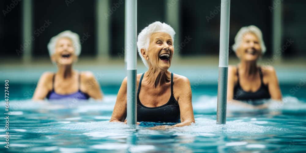 Obraz premium Poolside Pals: Active Senior Women Living it up with Aqua Fit