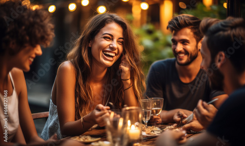 Friends and Feast: Joyful Gathering at an Outdoor Restaurant in Summer