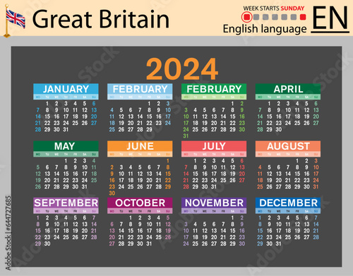 English horizontal pocket calendar for 2024. Week starts Sunday