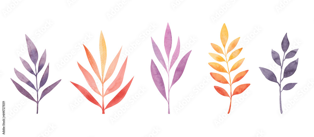 A set of watercolor autumn multicolored leaves isolated on a white background painted by hand. Botanical elements for the holiday, decoration and design. The texture of watercolors. Seasonal leaf fall