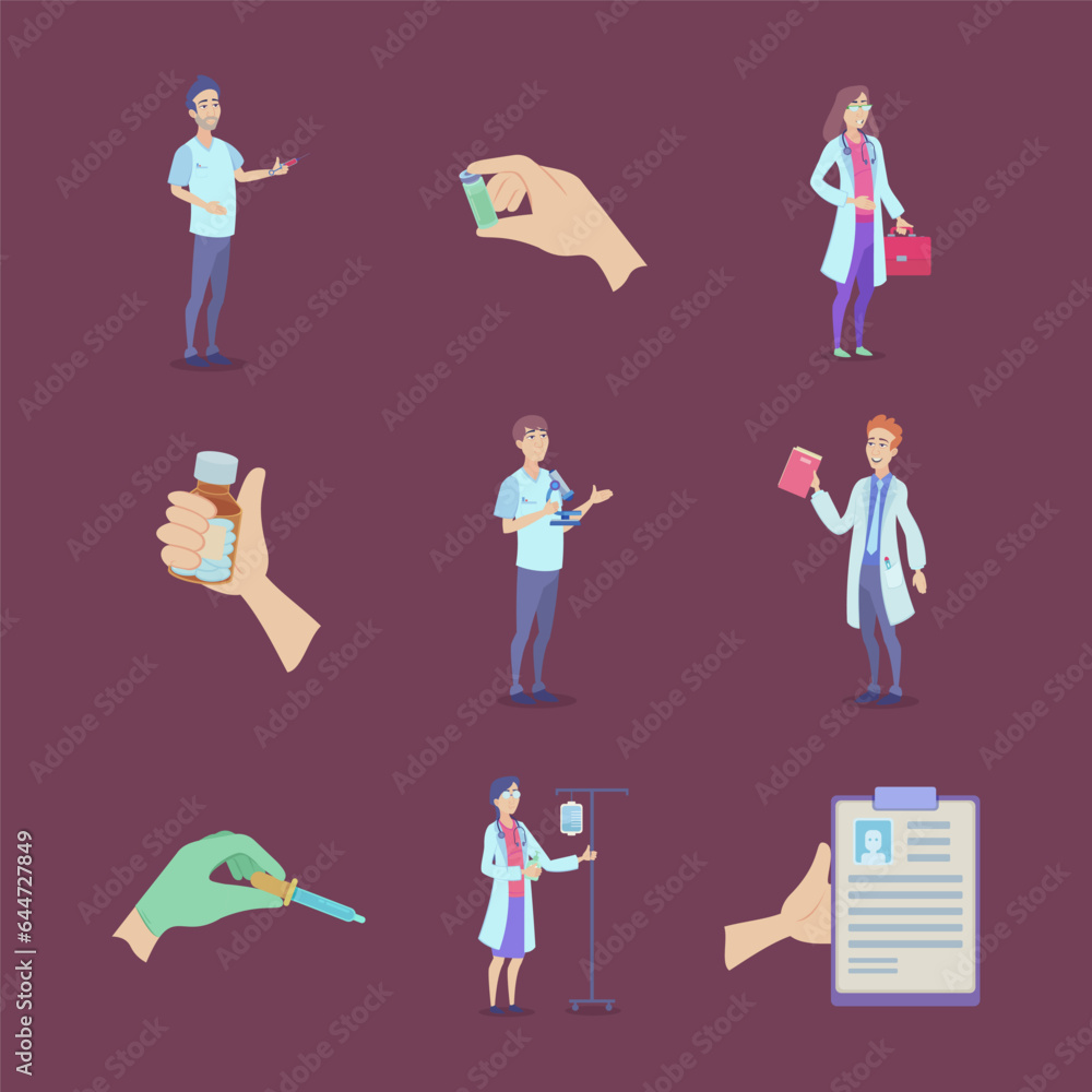 Doctors with medical equipment vector illustrations set. Hands holding pill bottle, vaccine, syringe or health record, nurse with microscope and medical kit for first aid. Medicine tools concept