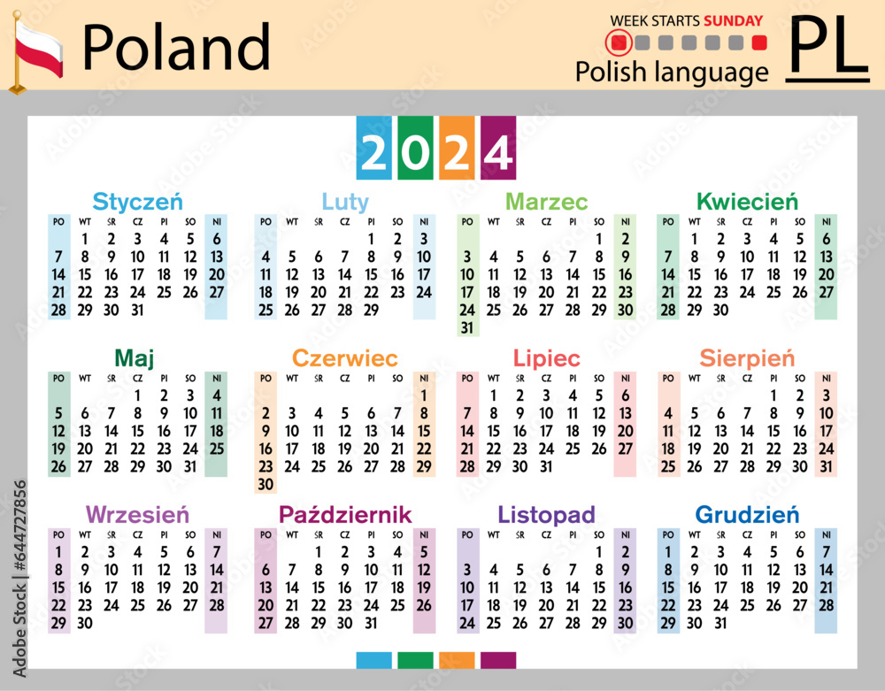 Polish horizontal pocket calendar for 2024. Week starts Sunday