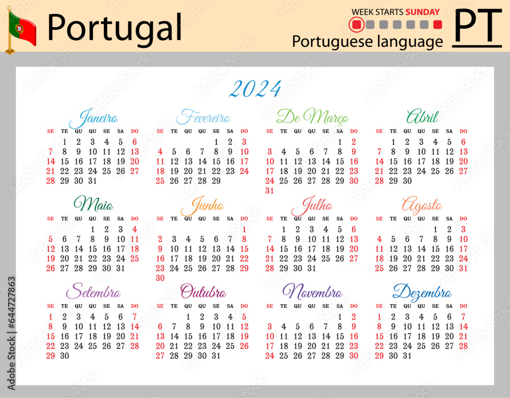 Portuguese horizontal pocket calendar for 2024. Week starts Sunday