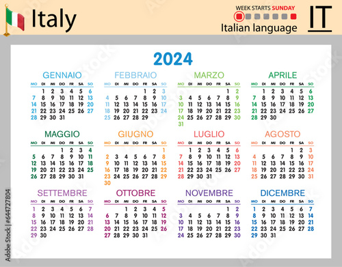 Italian horizontal pocket calendar for 2024. Week starts Sunday