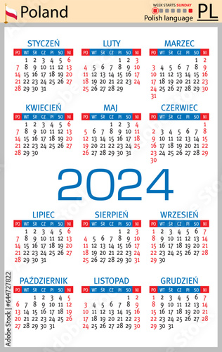 Polish vertical pocket calendar for 2024. Week starts Sunday