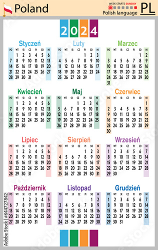 Polish vertical pocket calendar for 2024. Week starts Sunday