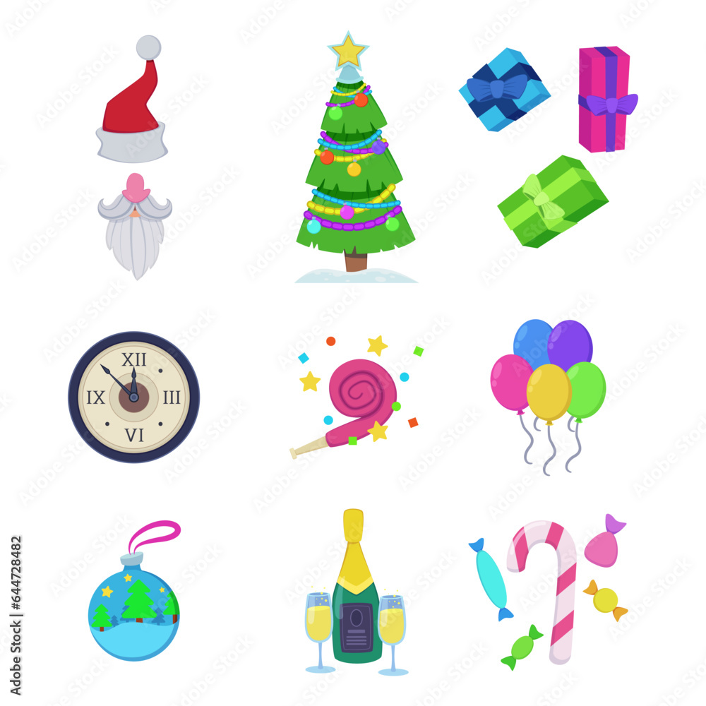 New Year celebration elements or decor vector illustrations set. Collection of cartoon drawings of Christmas tree, champagne, candy, decorations, gift boxes. New Year, winter, celebration concept New Year celebration elements or decor vector illustrations set. Collection of cartoon drawings of Christmas tree, champagne, candy, decorations, gift boxes. New Year, winter, celebration concept