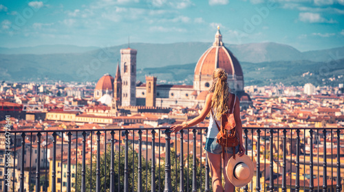 Woman traveling in Italy, enjoying panoramic view of Florence Cityscape- tour tourism,travel,vacation in Europe, Tuscany