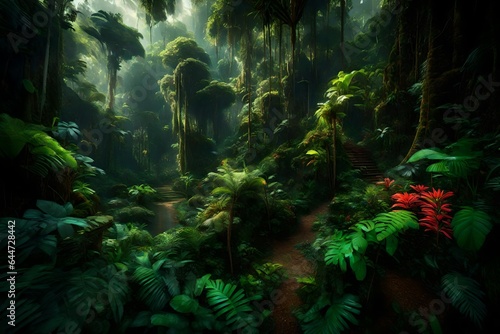 A lush, vibrant rainforest teeming with exotic flora and fauna, captured by HD camera. 