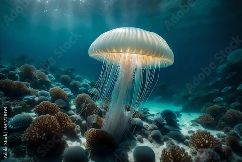 A close-up of a delicate, translucent jellyfish drifting gracefully through the depths of the ocean. 