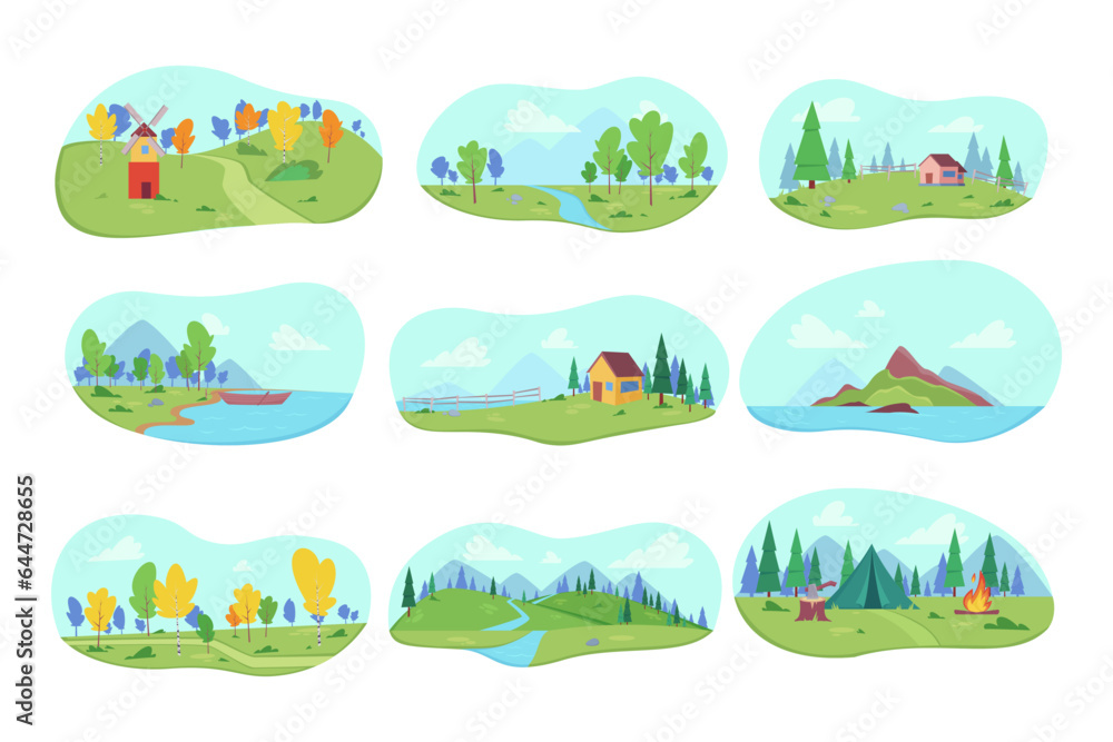 Rural life landscapes vector illustrations set. Forest with river and trees, house near lake, camping tent and campfire, farmland with fields, island in sea. Nature, autumn, farming concept