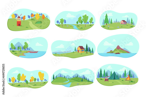 Rural life landscapes vector illustrations set. Forest with river and trees  house near lake  camping tent and campfire  farmland with fields  island in sea. Nature  autumn  farming concept