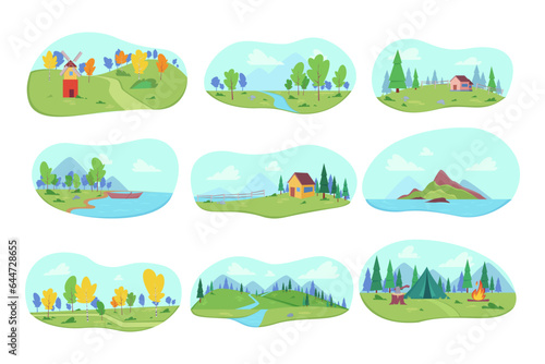 Rural life landscapes vector illustrations set. Forest with river and trees, house near lake, camping tent and campfire, farmland with fields, island in sea. Nature, autumn, farming concept