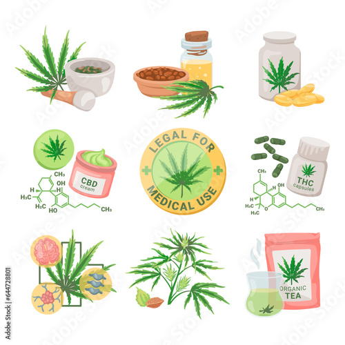 Medical use of marijuana or cannabis vector illustrations set. Collection of cartoon drawings of alternative medication from organic ingredient, jars and bottles. Medicine, health, pharmacy concept