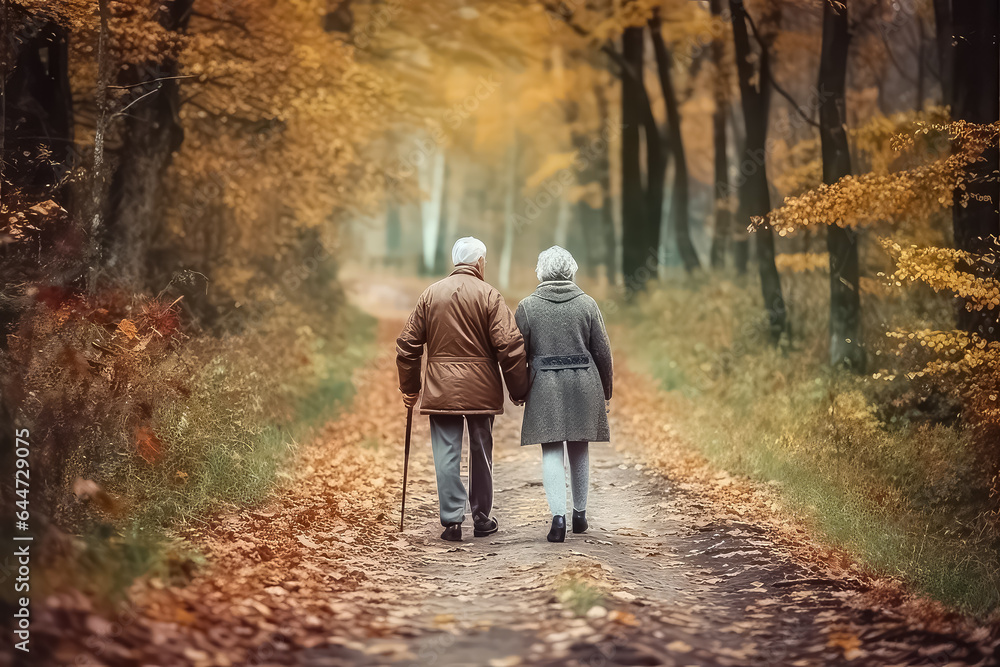 Elderly couple walking in the autumn park and watching the sunset.