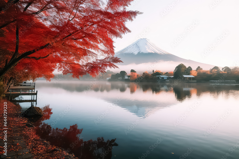Colorful autumn season and Mount Fuji with red leaves at Lake Kawaguchiko,