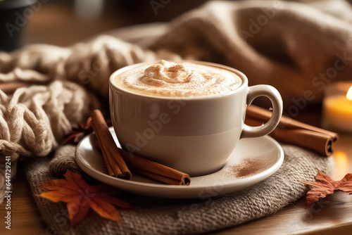 Autumn sweet hot drink with cinnamon and various spices 