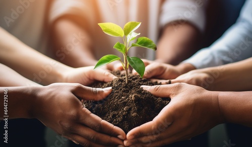 Hands of young man and woman holding green sprout in soil