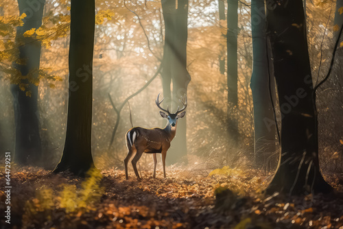 Beautiful deer in the autumn forest in full growth  