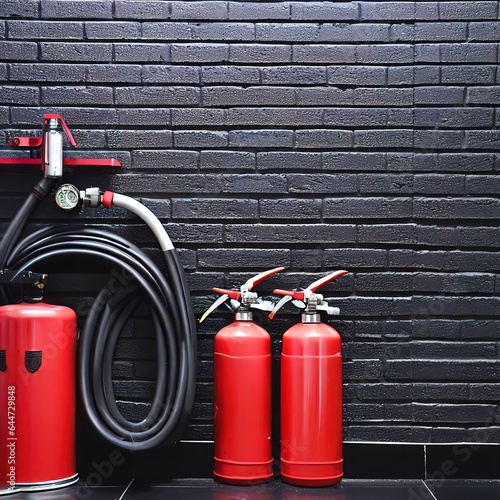 fire extinguish equipment with black brick wall photo