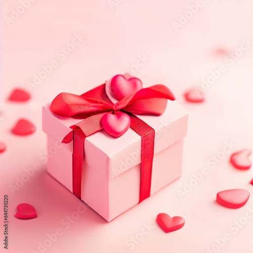 pink gift box with red hearts on a pink background