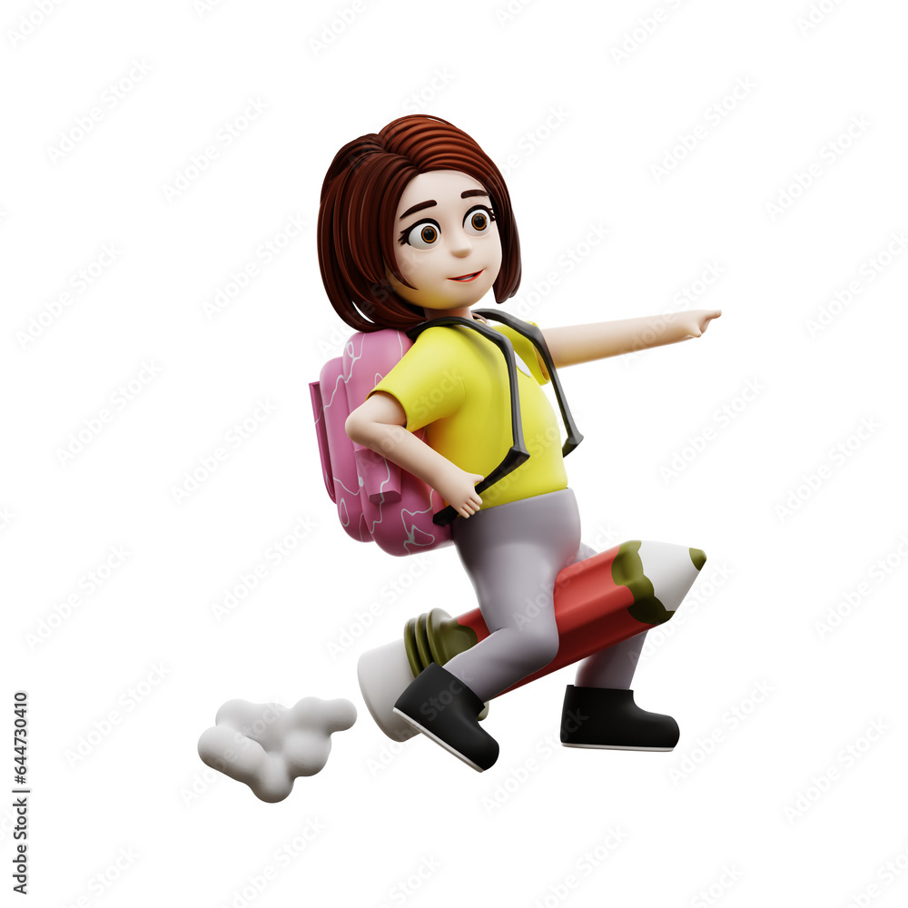 3d girl student riding a rocket pencil