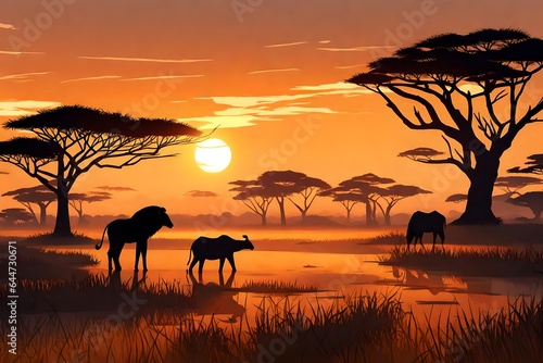 Sunset over a tranquil savanna  silhouetting the magnificent wildlife roaming freely. 