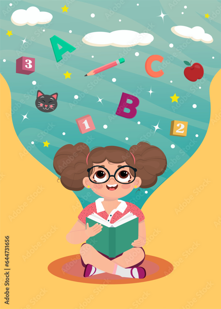 Fototapeta premium A cute little girl is reading a book and dreaming. Vertor illustration in cartoon style. 