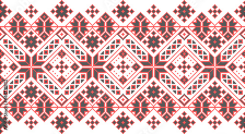 Vector illustration of Ukrainian ornament in ethnic style, identity, vyshyvanka, embroidery for print clothes, websites, banners. Background. Geometric design, border, copy space, frame