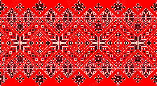 Vector illustration of Ukrainian ornament in ethnic style, identity, vyshyvanka, embroidery for print clothes, websites, banners. Background. Geometric design, border, copy space, frame