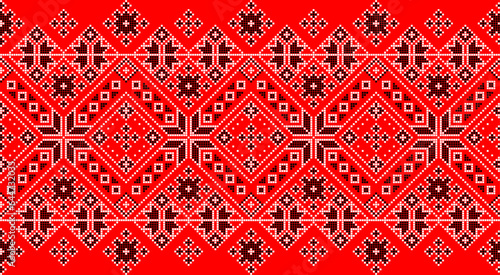 Vector illustration of Ukrainian ornament in ethnic style, identity, vyshyvanka, embroidery for print clothes, websites, banners. Background. Geometric design, border, copy space, frame