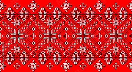 Vector illustration of Ukrainian ornament in ethnic style, identity, vyshyvanka, embroidery for print clothes, websites, banners. Background. Geometric design, border, copy space, frame