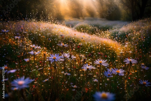 A tranquil meadow filled with a sea of wildflowers, each petal glistening with morning dew. 
