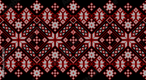 Vector illustration of Ukrainian ornament in ethnic style, identity, vyshyvanka, embroidery for print clothes, websites, banners. Background. Geometric design, border, copy space, frame