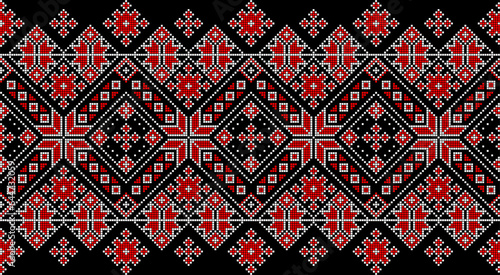 Vector illustration of Ukrainian ornament in ethnic style, identity, vyshyvanka, embroidery for print clothes, websites, banners. Background. Geometric design, border, copy space, frame